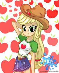 Size: 2015x2490 | Tagged: safe, artist:rjp.rammy, imported from derpibooru, applejack, human, equestria girls, equestria girls series, alternate hairstyle, applejack's hat, belly button, belt, belt buckle, blushing, breasts, clothes, cowboy hat, cute, cutie mark on clothes, denim, denim skirt, female, freckles, hat, jackabetes, looking at you, midriff, reasonably sized breasts, shirt, signature, skirt, smiling, smiling at you, solo, t-shirt