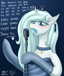 Size: 1993x2388 | Tagged: safe, artist:xyi, imported from derpibooru, oc, oc only, oc:grazia, changeling, collar, crown, ear piercing, earring, ice changeling, italian, jewelry, microphone, piercing, regalia, singing