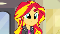 Size: 3072x1727 | Tagged: safe, imported from derpibooru, screencap, sunset shimmer, human, equestria girls, rainbow rocks, canterlot high, clothes, cute, cutie mark on clothes, eyebrows, female, high res, jacket, leather, leather jacket, shimmerbetes, smiling, solo, weapons-grade cute