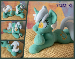 Size: 2364x1866 | Tagged: safe, artist:valmiiki, imported from derpibooru, lyra heartstrings, pony, unicorn, colored pupils, irl, lying down, photo, plushie, prone, solo