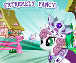 Size: 659x541 | Tagged: safe, imported from derpibooru, princess platinum, pony, unicorn, clothes, cropped, crown, english, fancy, female, gameloft, horn, jewelry, mantle, mare, meme, my little pony: magic princess, regalia, solo, text, wow! glimmer