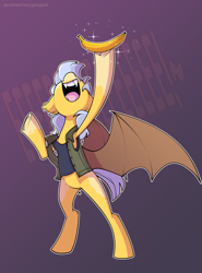 Size: 1703x2307 | Tagged: safe, artist:yarugreat, imported from derpibooru, oc, bat pony, pony, banana, bipedal, clothes, eeee, food, herbivore, solo, spread wings, wings, yelling