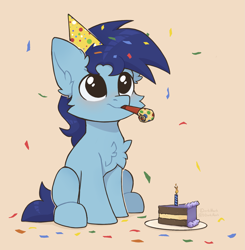 Size: 1681x1717 | Tagged: safe, artist:dorkmark, imported from derpibooru, oc, oc only, earth pony, pony, cake, candle, chibi, confetti, food, hat, party hat, party horn, solo