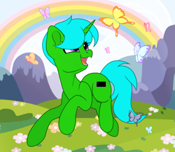 Size: 2295x1989 | Tagged: safe, artist:olivi, imported from derpibooru, oc, oc:green byte, butterfly, pony, unicorn, commission, horn, male, rainbow, stallion, unicorn oc, ych result