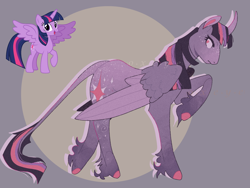 Size: 2048x1536 | Tagged: safe, artist:0xeyee, imported from derpibooru, twilight sparkle, alicorn, pony, abstract background, butt freckles, colored hooves, colored pinnae, colored wings, curved horn, female, fetlock tuft, freckles, horn, leonine tail, looking back, mare, no pupils, raised hoof, redesign, simple background, solo, tail, twilight sparkle (alicorn), two toned wings, wings