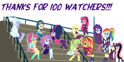 Size: 2048x1036 | Tagged: safe, artist:sarahalen, imported from derpibooru, applejack, fluttershy, indigo zap, lemon zest, pinkie pie, rainbow dash, rarity, sci-twi, sour sweet, sugarcoat, sunny flare, sunset shimmer, twilight sparkle, dog, human, equestria girls, alternate hairstyle, alternate universe, clothes, clothes swap, crystal prep academy uniform, glasses, school uniform, shadowbolts, simple background, white background