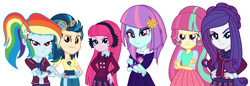 Size: 1974x680 | Tagged: safe, artist:sarahalen, imported from derpibooru, indigo zap, pinkie pie, rainbow dash, rarity, sour sweet, sunny flare, human, equestria girls, alternate hairstyle, alternate universe, angry, clothes, crystal prep academy uniform, cute, eyeshadow, madorable, makeup, school uniform, simple background, sourbetes, white background