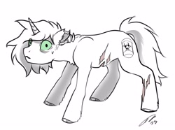Size: 4096x3051 | Tagged: safe, artist:opalacorn, imported from derpibooru, oc, oc only, oc:acid trip, pony, unicorn, black and white, colored sclera, grayscale, green sclera, looking at you, monochrome, partial color, scar, simple background, solo, torn ear, white background