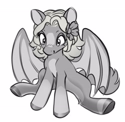 Size: 2541x2473 | Tagged: safe, artist:opalacorn, imported from derpibooru, oc, oc only, bat pony, pony, bat pony oc, black and white, blaze (coat marking), coat markings, facial markings, female, flower, flower in hair, grayscale, mare, monochrome, simple background, sitting, smiling, solo, white background