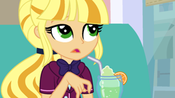 Size: 1366x768 | Tagged: safe, artist:sarahalen, imported from derpibooru, applejack, orange slice, human, dance magic, equestria girls, spoiler:eqg specials, alternate hairstyle, alternate universe, clothes, crystal prep, crystal prep academy uniform, drink, drinking straw, food, orange, school uniform, straw