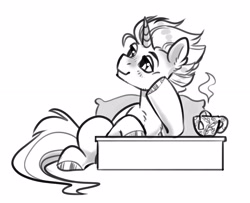 Size: 2907x2363 | Tagged: safe, artist:opalacorn, imported from derpibooru, oc, oc only, pony, unicorn, black and white, cup, food, grayscale, hoof on chin, lying down, monochrome, pillow, simple background, smiling, solo, tea, teacup, white background