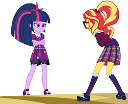 Size: 846x690 | Tagged: safe, artist:sarahalen, imported from derpibooru, sunset shimmer, twilight sparkle, human, equestria girls, alternate hairstyle, alternate universe, clothes, crystal prep academy uniform, glasses, ponytail, role reversal, school uniform, simple background, white background