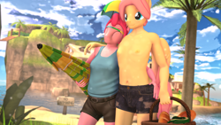 Size: 3840x2160 | Tagged: safe, artist:silkworm205, imported from derpibooru, part of a set, fluttershy, pinkie pie, anthro, earth pony, pegasus, 3d, 4k, basket, beach, beach umbrella, berryscotch, blushing, bread, bubble berry, butterscotch, carrying, clothes, colored eyebrows, colored wings, colored wingtips, duo, duo male, explicit source, eyes closed, floppy ears, flutterpie, fluttershy day, folded wings, food, gay, hand on hip, hand on shoulder, hat, high res, island, male, male nipples, nipples, palm tree, partial nudity, picnic basket, r63 shipping, rule 63, shipping, shirt, shorts, source filmmaker, tallershy, topless, tree, umbrella hat, wings