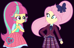 Size: 895x587 | Tagged: safe, artist:sarahalen, imported from derpibooru, fluttershy, sour sweet, human, equestria girls, alternate hairstyle, alternate universe, black background, clothes, crystal prep academy uniform, eyeshadow, makeup, ponytail, role reversal, school uniform, simple background