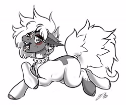 Size: 4096x3424 | Tagged: safe, artist:opalacorn, imported from derpibooru, oc, oc only, pony, unicorn, black and white, chest fluff, choker, crossed hooves, ear piercing, earring, grayscale, jewelry, lying down, male, monochrome, open mouth, open smile, partial color, piercing, prone, simple background, smiling, solo, sploot, stallion, studded choker, tongue out, tongue piercing, white background