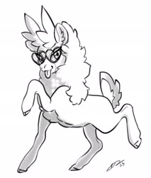 Size: 1748x2048 | Tagged: safe, artist:opalacorn, imported from derpibooru, oc, oc only, deer, reindeer, them's fightin' herds, black and white, cloven hooves, community related, deer oc, ear fluff, glasses, grayscale, heart shaped glasses, looking at you, monochrome, non-pony oc, simple background, solo, standing on two hooves, tfh oc, them's fightin' herds oc, tongue out, white background