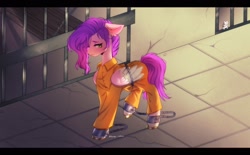 Size: 2048x1269 | Tagged: safe, artist:tyutya, artist:tyutya_loh123, imported from derpibooru, pipp petals, mouse, pegasus, pony, bad end, bound wings, chained, chains, clothes, commission, cuffed, cuffs, g5, jail, never doubt rainbowdash69's involvement, prison, prison outfit, sad, shackles, wings