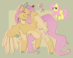 Size: 2048x1630 | Tagged: safe, artist:0xeyee, imported from derpibooru, fluttershy, butterfly, pegasus, pony, abstract background, alternate cutie mark, alternate design, blushing, colored hooves, colored pinnae, colored wings, eye clipping through hair, eyebrows, eyes closed, female, happy, insect on someone, mare, one wing out, pale belly, raised hoof, redesign, simple background, solo, spread wings, two toned wings, wings