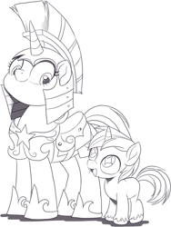 Size: 901x1195 | Tagged: safe, artist:nauyaco, imported from derpibooru, shining armor, twilight velvet, pony, unicorn, colt, colt shining armor, cute, duo, female, foal, guardsmare, male, mare, monochrome, mother and child, mother and son, quadrupedal, royal guard, shining adorable, simple background, starry eyes, velvetbetes, white background, wingding eyes, younger