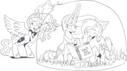 Size: 1672x934 | Tagged: safe, artist:nauyaco, imported from derpibooru, princess celestia, princess luna, oc, alicorn, pegasus, pony, blushing, book, force field, magic, male, monochrome, photo album, quadrupedal, royal sisters, sibling teasing, siblings, simple background, sisters, stallion, trio, trollestia, white background