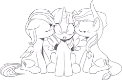 Size: 1373x899 | Tagged: safe, artist:nauyaco, imported from derpibooru, applejack, rainbow dash, twilight sparkle, alicorn, earth pony, pegasus, pony, appledashlight, blushing, cheek kiss, eyes closed, female, kiss sandwich, kissing, lesbian, monochrome, polyamory, quadrupedal, shipping, simple background, spread wings, trio, twilight sparkle (alicorn), twilight sparkle gets all the mares, white background, wingboner, wings