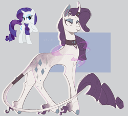 Size: 1773x1620 | Tagged: safe, artist:0xeyee, imported from derpibooru, rarity, pony, unicorn, collar, curved horn, fetlock tuft, horn, horn band, leonine tail, redesign, simple background, solo, tail, tail band