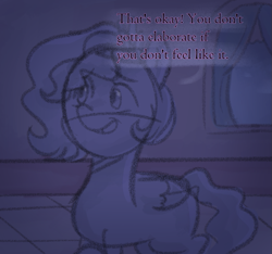 Size: 735x688 | Tagged: safe, anonymous artist, imported from derpibooru, pipp petals, pegasus, pony, series:misty pov, chubby, curtains, dialogue, eyebrows, eyebrows visible through hair, female, folded wings, g5, implied misty brightdawn, limited palette, looking at someone, mane melody (location), mare, offscreen character, raised hoof, solo, window, wings