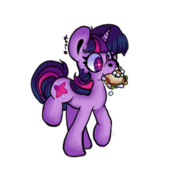 Size: 2000x2000 | Tagged: safe, artist:chronomel, imported from derpibooru, twilight sparkle, pony, unicorn, daffodil and daisy sandwich, female, food, high res, mare, mouth hold, sandwich, simple background, solo, unicorn twilight, white background