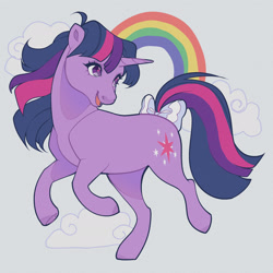 Size: 2048x2048 | Tagged: safe, artist:daffidaizy, imported from derpibooru, twilight sparkle, pony, unicorn, bow, cloud, cute, female, g1, g4, g4 to g1, generation leap, mare, open mouth, open smile, rainbow, simple background, smiling, solo, tail, tail bow, twiabetes, unicorn twilight, white background