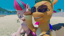 Size: 3840x2160 | Tagged: safe, artist:raindashesp, imported from derpibooru, hitch trailblazer, zipp storm, earth pony, pegasus, pony, 3d, beach, duo, female, g5, glasses, hitchzipp, male, mare, shipping, stallion, straight, sunglasses