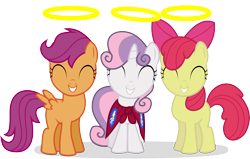 Size: 7000x4441 | Tagged: safe, artist:canon-lb, imported from derpibooru, apple bloom, scootaloo, sweetie belle, earth pony, pegasus, pony, unicorn, season 1, stare master, ^^, adorabloom, apple bloom's bow, bow, cape, clothes, cmc cape, cute, cutealoo, cutie mark crusaders, cutie mark cuties, daaaaaaaaaaaw, diasweetes, eyes closed, female, filly, foal, grin, hair bow, halo, simple background, smiling, transparent background, trio, trio female, vector