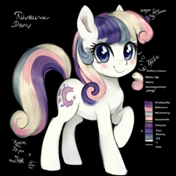 Size: 768x768 | Tagged: safe, derpibooru exclusive, imported from derpibooru, prompter:zealousmagician, oc, oc only, earth pony, pony, ai content, ai generated, black background, blue eyes, blushing, earth pony oc, female, generator:purplesmart.ai, generator:stable diffusion, looking at you, mare, multicolored mane, not sweetie belle, raised hoof, reference sheet, simple background, smiling, smiling at you, solo, standing, tail, white coat