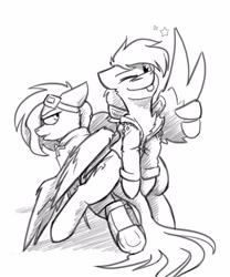 Size: 2500x3000 | Tagged: safe, artist:captainhoers, imported from derpibooru, oc, oc only, oc:atom smasher, oc:high flyer, pegasus, pony, duo, feather fingers, goggles, goggles on head, grayscale, looking at you, looking back, monochrome, simple background, smiling, smiling at you, tongue out, white background, wing gesture, wing hands, wings