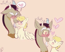 Size: 2048x1640 | Tagged: safe, artist:merbunny, imported from derpibooru, discord, oc, oc:exist, draconequus, hippogriff, hybrid, pony, blushing, canon x oc, cute, duo, gay, griffequus, heart, heart eyes, kissing, male, paws, shipping, simple background, wingding eyes, wings, yellow background