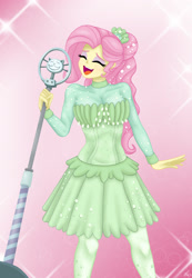 Size: 1280x1850 | Tagged: safe, artist:lennondash, imported from derpibooru, fluttershy, human, equestria girls, equestria girls series, so much more to me, breasts, busty fluttershy, clothes, cute, dress, eyes closed, female, fluttershy day, microphone, open mouth, shyabetes, singing, solo