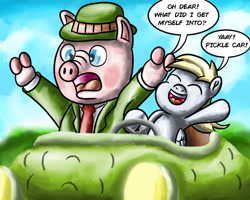 Size: 1280x1024 | Tagged: safe, artist:saburodaimando, imported from derpibooru, derpy hooves, pegasus, pig, pony, car, crossover, dialogue, duo, mr. frumble, scared, the busy world of richard scarry, varying degrees of amusement, varying degrees of want