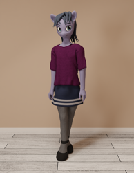 Size: 1680x2160 | Tagged: safe, artist:cicada bluemoon, imported from derpibooru, oc, oc only, oc:cicada bluemoon, anthro, 3d, anthro oc, clothes, crossdressing, femboy, looking at you, male, room, shirt, shoes, skirt, socks, solo, stockings, t-shirt, thigh highs
