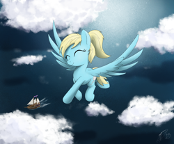 Size: 1302x1080 | Tagged: safe, artist:brisineo, imported from derpibooru, oc, oc only, oc:steam cloud, pegasus, pony, cloud, eyes closed, flying, ocean, ponytail, ship, signature, smiling, solo, water