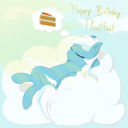 Size: 1280x1280 | Tagged: safe, artist:phoenixswift, imported from derpibooru, fleetfoot, pony, ask-fleetfoot, belly, cake, cloud, crossed legs, female, food, mare, sleeping, solo