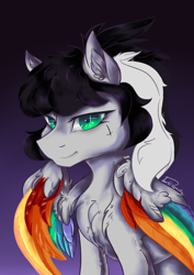 Size: 1754x2480 | Tagged: safe, artist:dankpegasista, derpibooru exclusive, imported from derpibooru, oc, oc only, oc:lunar dash, pegasus, pony, bangs, black and white, black and white mane, black hair, bust, chest fluff, colored lineart, colored wings, cross, digital art, ear fluff, feathered wings, female, fluffy hair, folded wings, fully shaded, gradient background, gray coat, grayscale, green eyes, high res, highlights, krita, long eyelashes, long mane, looking at you, monochrome, multicolored wings, pegasus oc, ponytail, portrait, purple background, rainbow wings, shading, signature, simple background, sitting, smiling, smiling at you, smirk, solo, tattoo, waist up, wall of tags, wavy mane, white hair, wingding eyes, wings