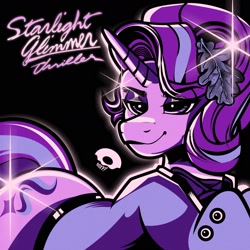 Size: 2400x2400 | Tagged: safe, artist:poxy_boxy, imported from derpibooru, starlight glimmer, pony, unicorn, album parody, black background, female, lidded eyes, limited palette, mare, michael, name, simple background, smiling, solo, thriller