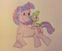 Size: 983x813 | Tagged: safe, artist:starrscout-23, imported from derpibooru, spike, twilight sparkle, dragon, pony, unicorn, duo, lined paper, traditional art, unicorn twilight, walking