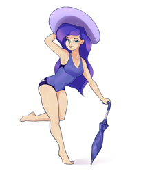 Size: 2110x2575 | Tagged: safe, artist:aquaticvibes, imported from derpibooru, princess luna, human, barefoot, breasts, cleavage, clothes, feet, female, hat, high res, humanized, one-piece swimsuit, simple background, solo, swimsuit, umbrella, white background