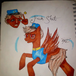 Size: 1080x1080 | Tagged: safe, imported from derpibooru, human, pegasus, pony, clothes, dark skin, female, forced meme, hand, hat, humanized, mare, meme, red eyes, shitfuck meme, smiling, solo, stars, swift reply, text, traditional art, uniform, vulgar, wings