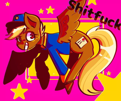 Size: 1080x907 | Tagged: safe, artist:yes_its_edd, imported from derpibooru, pegasus, pony, clothes, female, forced meme, hat, mare, meme, red eyes, shitfuck meme, smiling, solo, spread wings, stars, swift reply, text, uniform, vulgar, wings