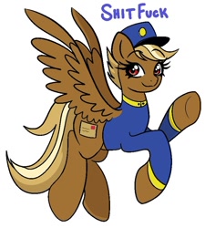 Size: 720x799 | Tagged: safe, artist:evilbnuuy, imported from derpibooru, pegasus, pony, blonde, clothes, female, flying, forced meme, hat, mare, meme, red eyes, shitfuck meme, simple background, solo, swift reply, text, uniform, vulgar, waving, white background, wings