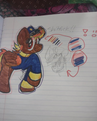 Size: 1080x1350 | Tagged: safe, artist:grimsluvr, imported from derpibooru, pegasus, pony, bisexual pride flag, blonde, clothes, female, forced meme, hat, lined paper, mare, meme, photo, pride, pride flag, raised hoof, red eyes, shitfuck meme, signature, sketch, smiling, solo, swift reply, text, traditional art, trans female, transgender, transgender pride flag, uniform, vulgar