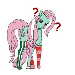 Size: 992x992 | Tagged: safe, artist:peacepetal, imported from derpibooru, minty, earth pony, pony, a charming birthday, clothes, dock, female, g3, hoers, mare, mismatched socks, missing accessory, open mouth, question mark, rectangular pupil, scene interpretation, simple background, socks, solo, striped socks, tail, tilted head, traditional art, white background