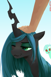 Size: 2000x2996 | Tagged: safe, artist:some_ponu, imported from derpibooru, lyra heartstrings, queen chrysalis, changeling, changeling queen, human, pony, unicorn, blushing, female, gradient background, hand, heart, heart eyes, high res, horn, human and pony, mare, offscreen character, offscreen human, one eye closed, open mouth, petting, signature, solo focus, that pony sure does love humans, wavy mouth, wingding eyes