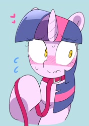 Size: 2507x3541 | Tagged: safe, artist:gakushuogawa, imported from derpibooru, twilight sparkle, pony, unicorn, blue background, blushing, bust, collar, heart, leash, simple background, solo, sweat, sweatdrop, unicorn twilight, yellow eyes